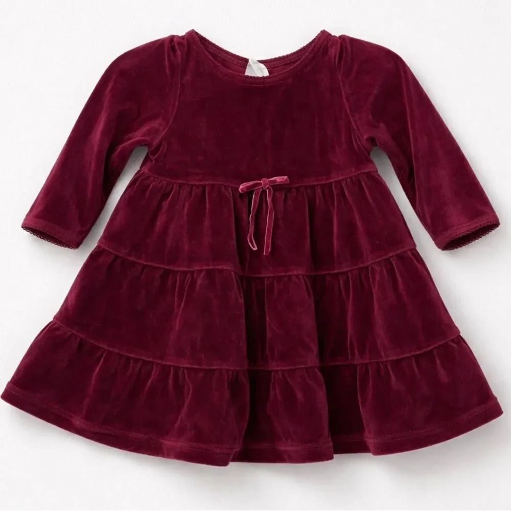 Jillian’s Closet ruffled wine burgundy velour holiday dress size 12 months EUC